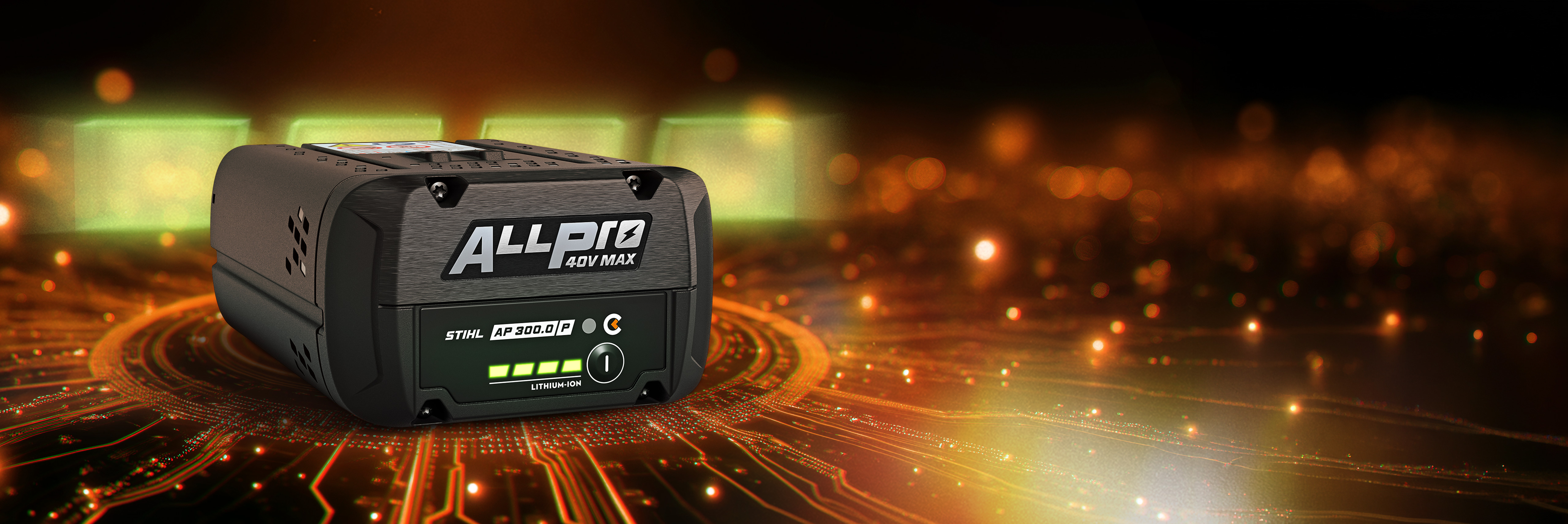 STIHL ALLPRO AP 300 P C battery placed on a glowing circuit-board background with the STIHL battery logo in the corner.