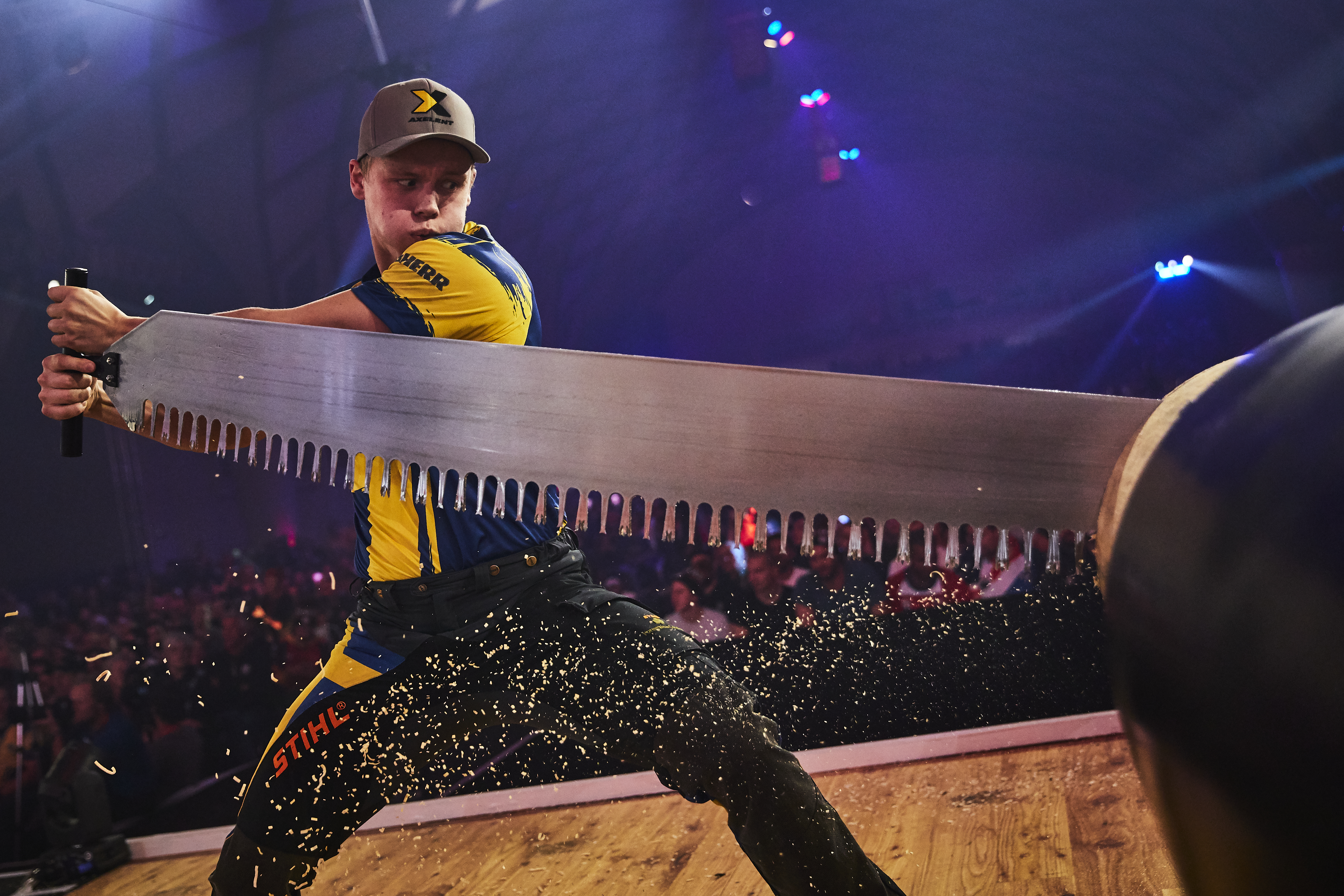 Competitors sawing at the Timbersports® World Championships.