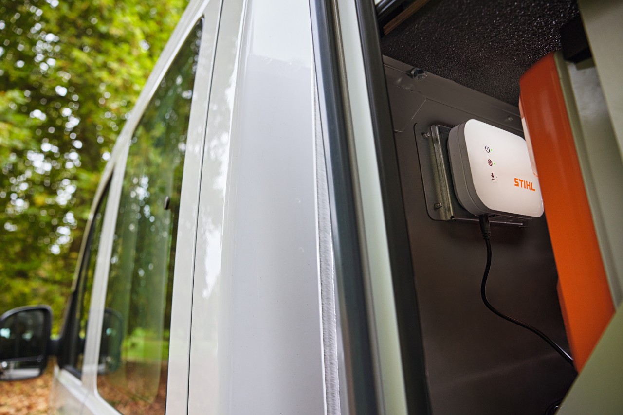 STIHL connected Box at the rear of a vehicle, placed in the bottTainer mobile charging station