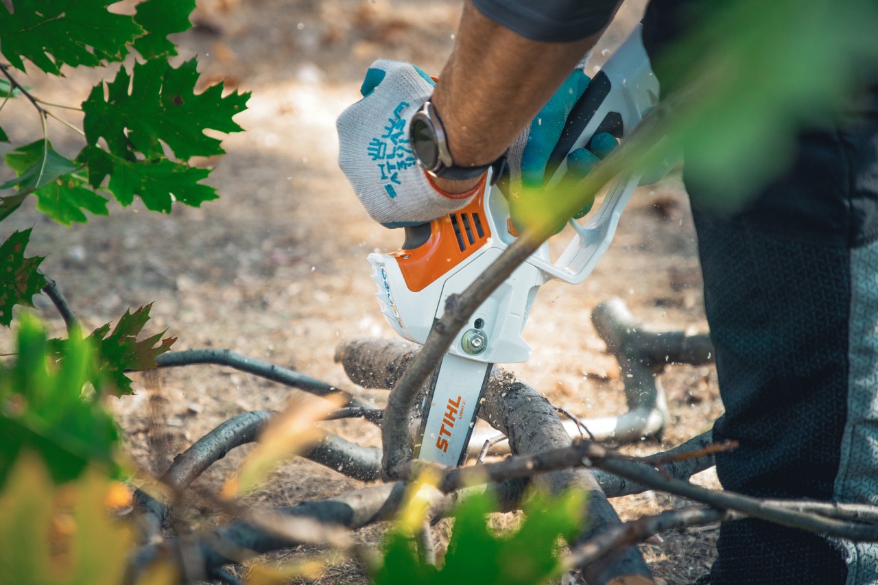 Governors Island employees wear hard hats and saw branches off the ground with the GTA 40 cordless branch saw
