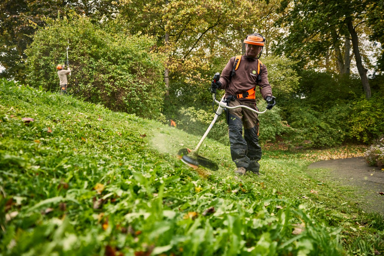 A man wearing STIHL protective equipment mows a wild and overgrown green area using a STIHL FSA 200 cordless clearing saw